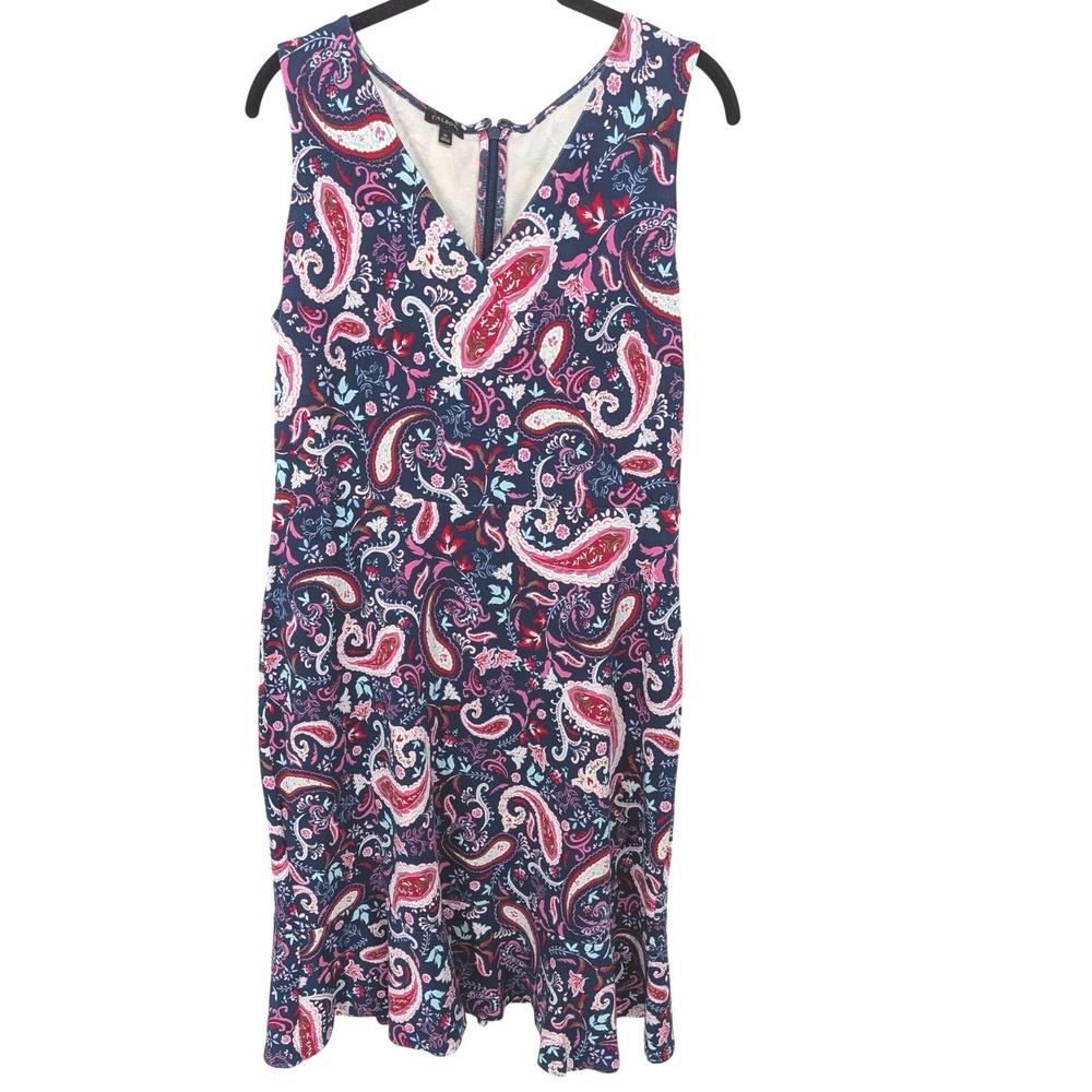 Talbots Dress Women Medium‎ Blue Pink Paisley Ruffle Sleeveless Stretch Cotton